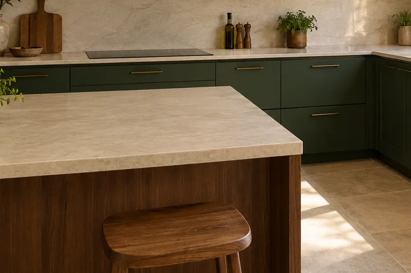 Visualización conceptual IA de cocina: Cocinas de Germán Hidalgo. Detalle de materiales y distribución.