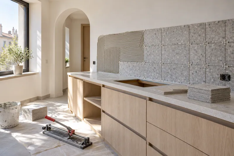 Visualización conceptual IA: Colocación de azulejos con separadores y adhesivo sobre una pared de cocina.