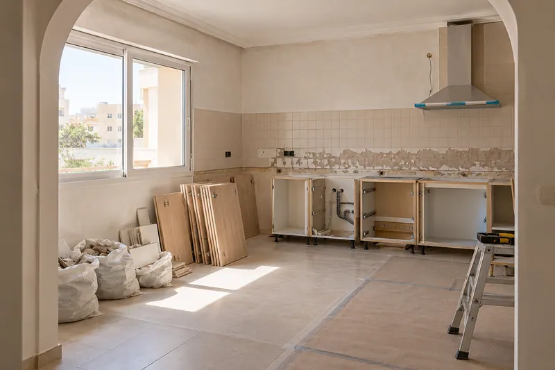 Visualización conceptual IA: Retirada de muebles y revestimientos al comienzo de una reforma de cocina.