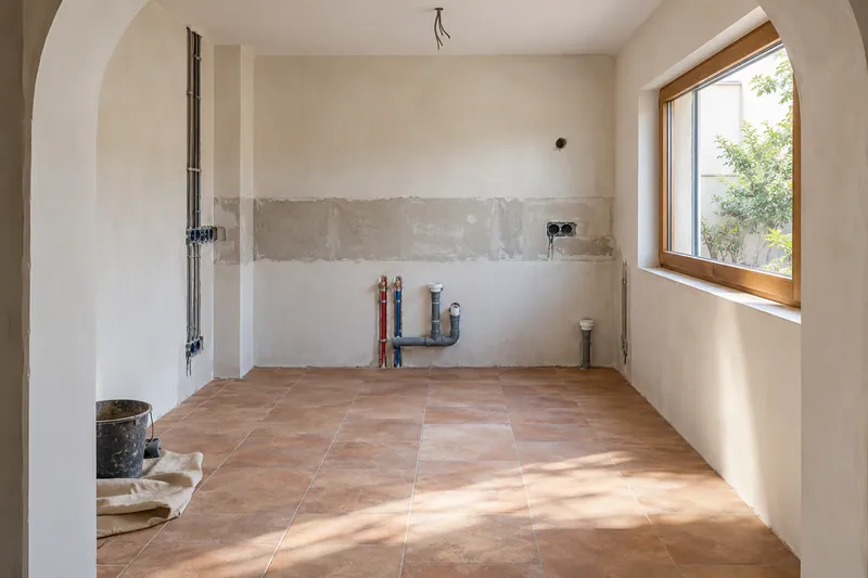 Visualización conceptual IA: Tuberías de suministro y desagüe durante la renovación de una cocina.